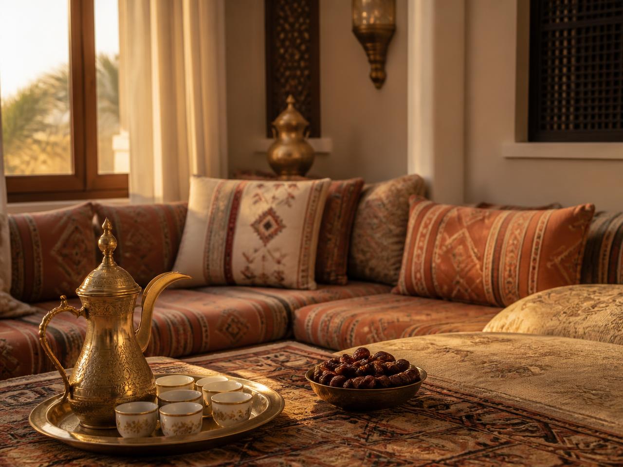 Traditional Emirati majlis with brass dallah and coffee cups